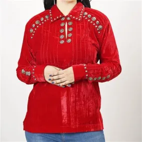 Stylish American Darling Womens Red Velvet Western Shirt with Concho Detail - Long Sleeve ADSH035-RED