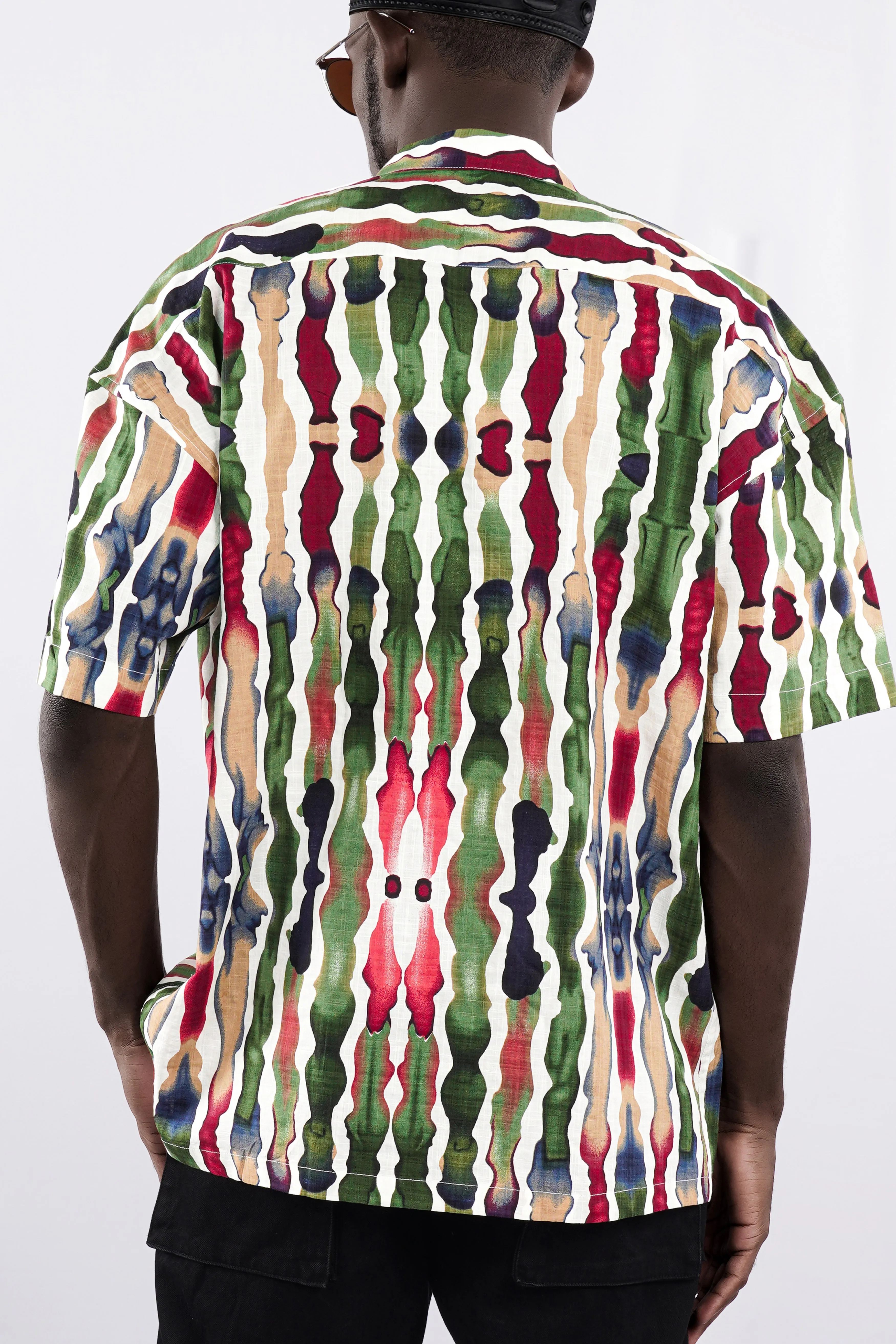 Asparagus Green with Bright White Funky Printed Lightweight Premium Cotton Oversized Shirt