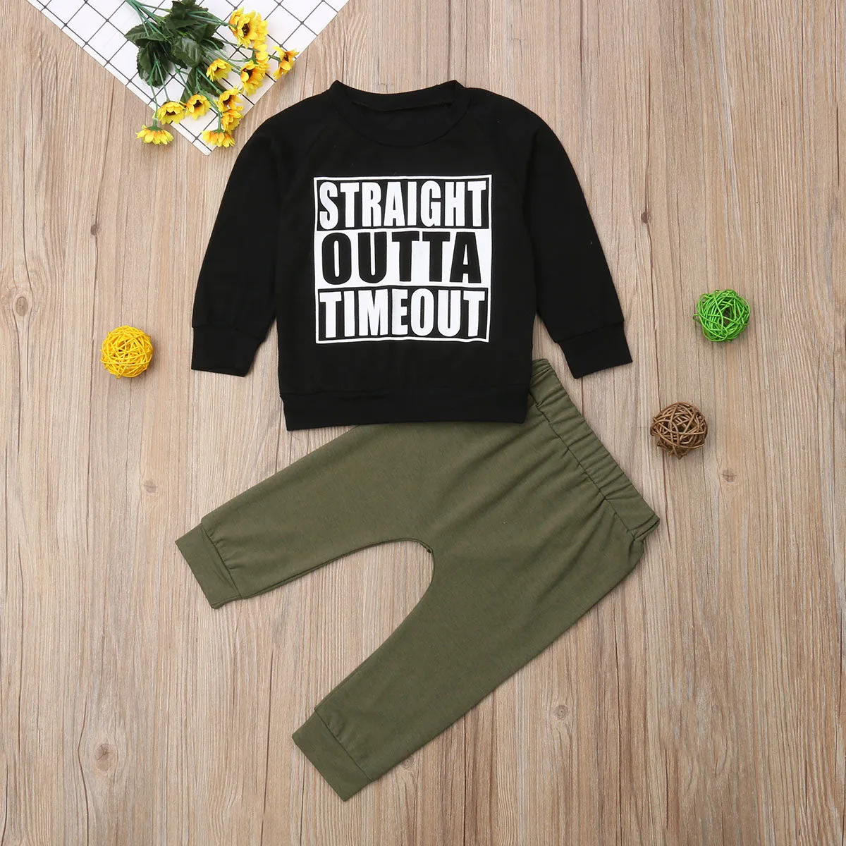 Baby Toddler Boy Straight Outta Timeout Sweatershirt and Pant Set Black and Olive