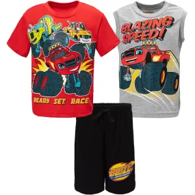 Blaze and the Monster Machines Pullover T-Shirt Tank Top and Bike Shorts French Terry 3 Piece Outfit Set