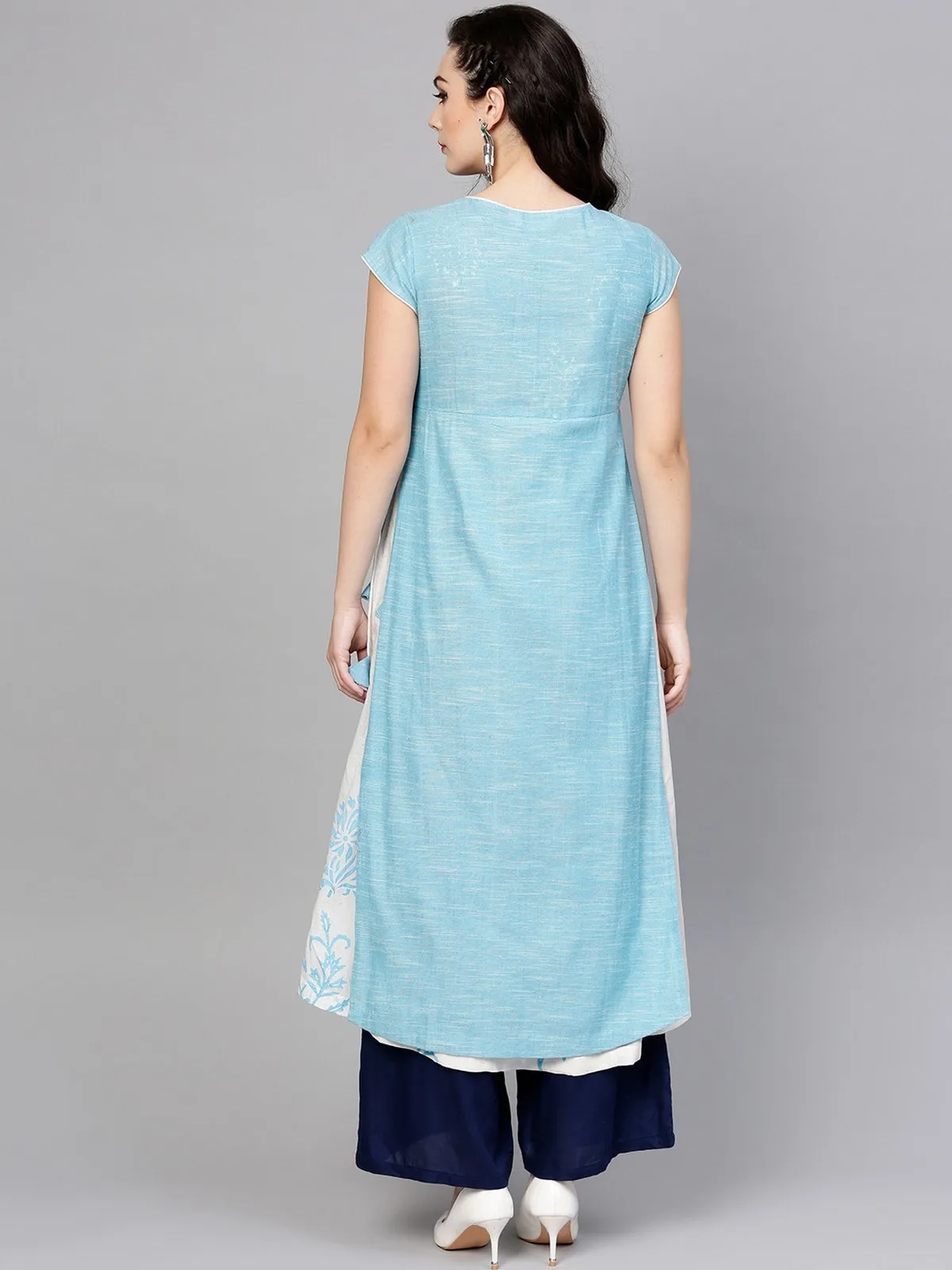 Blue Angarkha Layered Printed Chambray Kurta