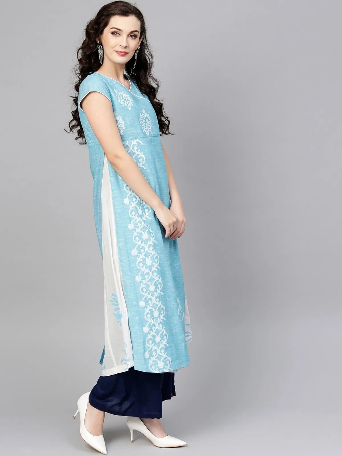 Blue Angarkha Layered Printed Chambray Kurta