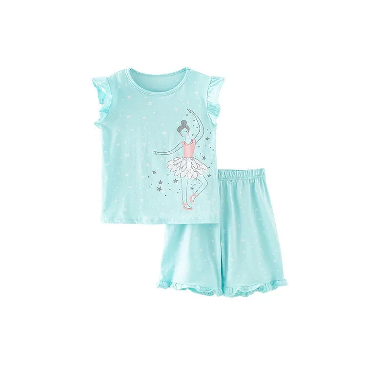 Blue Sleeveless Toddler Girls 2 Piece Ballerina T-shirt & Shorts Set