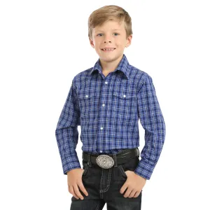 Boys Wrangler Blue Plaid Wrinkle Free Snap Long Sleeve Shirt