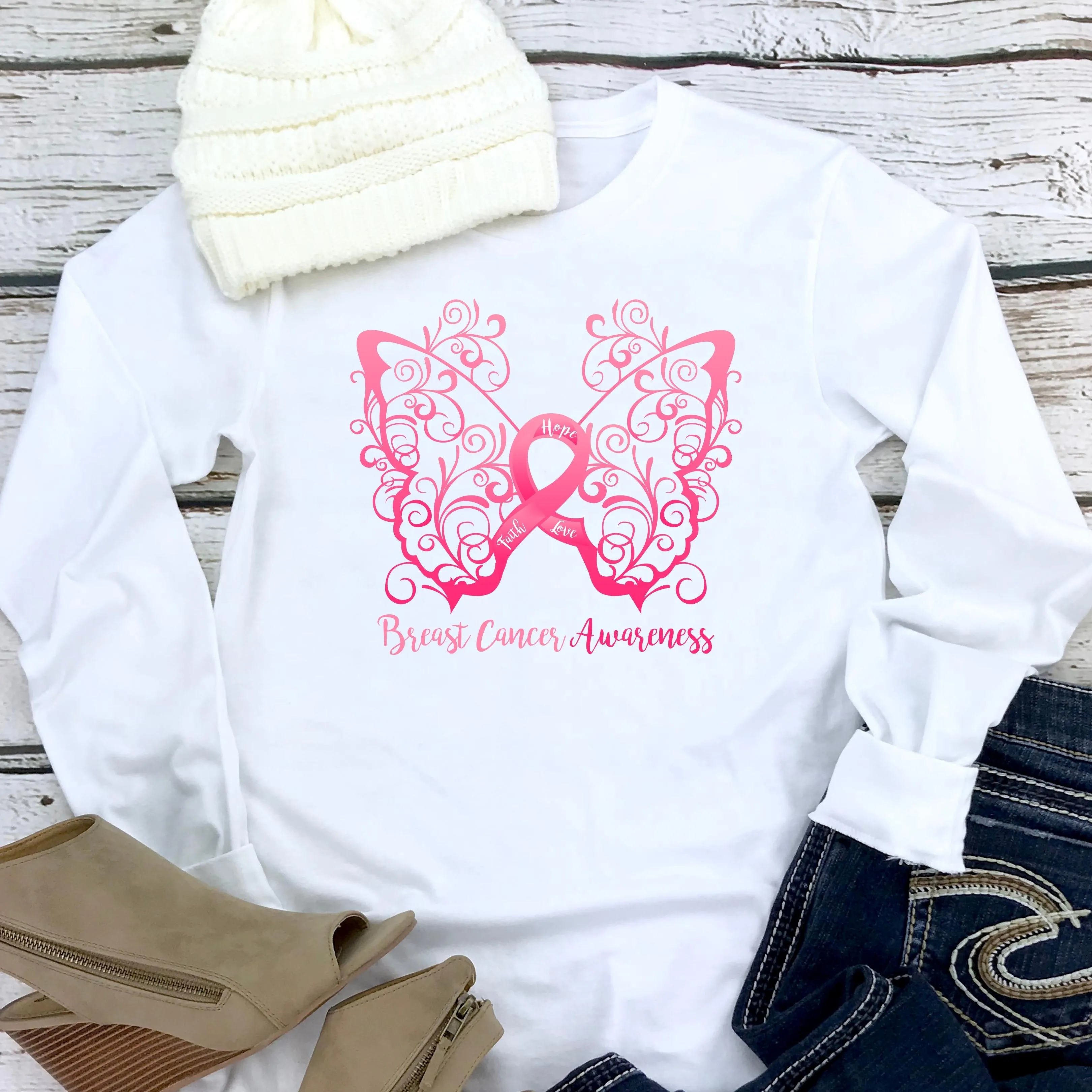 Breast Cancer Awareness Filigree Butterfly White Long Sleeve Tee