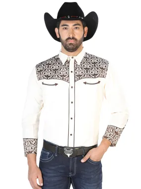 Camisa Vaquera Bordada Manga Larga Beige para Hombre 'El Señor de los Cielos' - ID: 126706