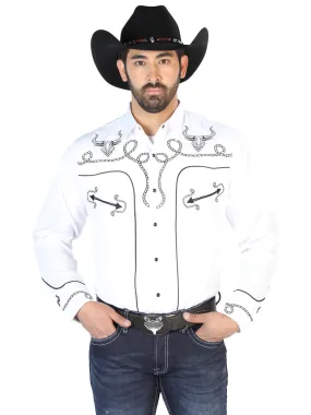 Camisa Vaquera Bordada Manga Larga Blanco para Hombre 'El Señor de los Cielos' - ID: 126712