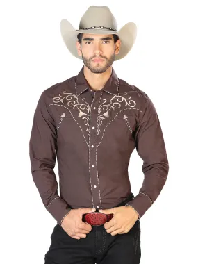 Camisa Vaquera Bordada Manga Larga Cafe para Hombre 'El Señor de los Cielos' - ID: 42891