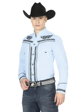 Camisa Vaquera Charra Bordada Manga Larga Azul Claro para Hombre 'El Señor de los Cielos' - ID: 40785