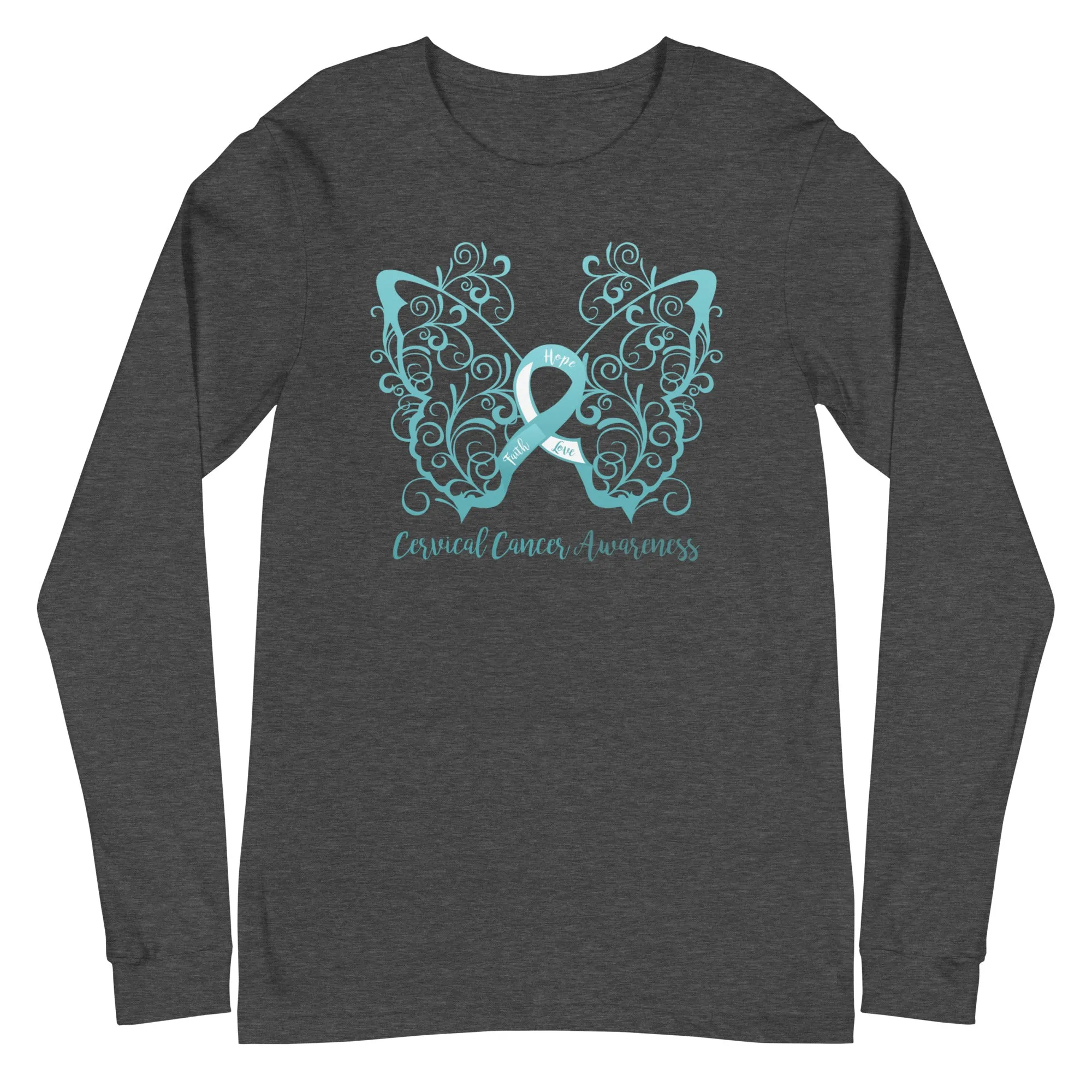 Cervical Cancer Awareness Filigree Butterfly Long Sleeve Tee - Several Colors Available