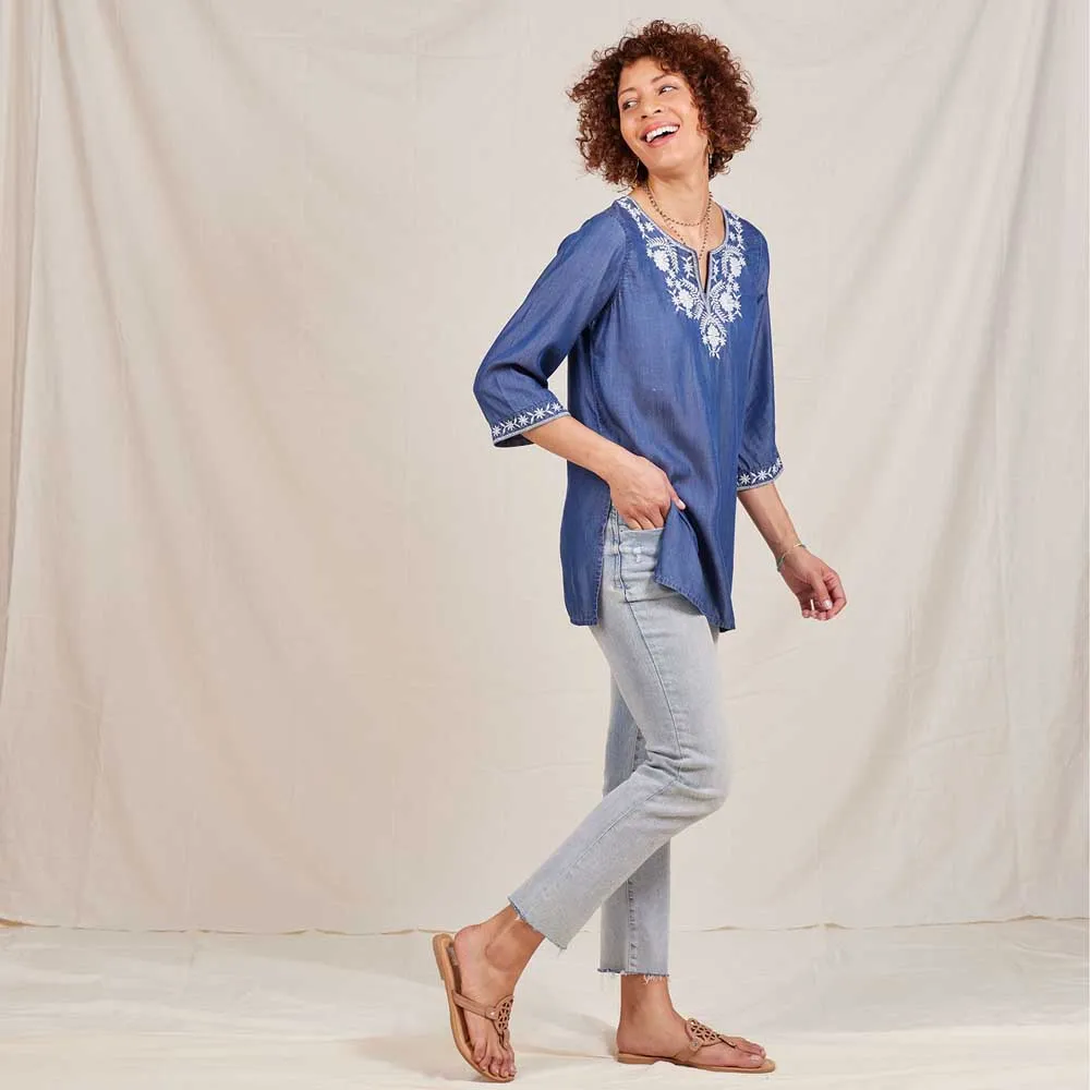 Chambray Top with Floral Embroidered Neckline