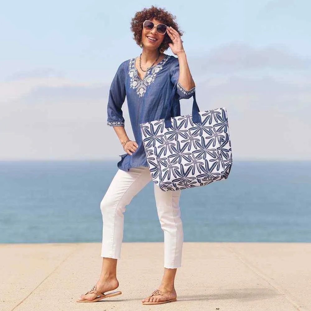 Chambray Top with Floral Embroidered Neckline