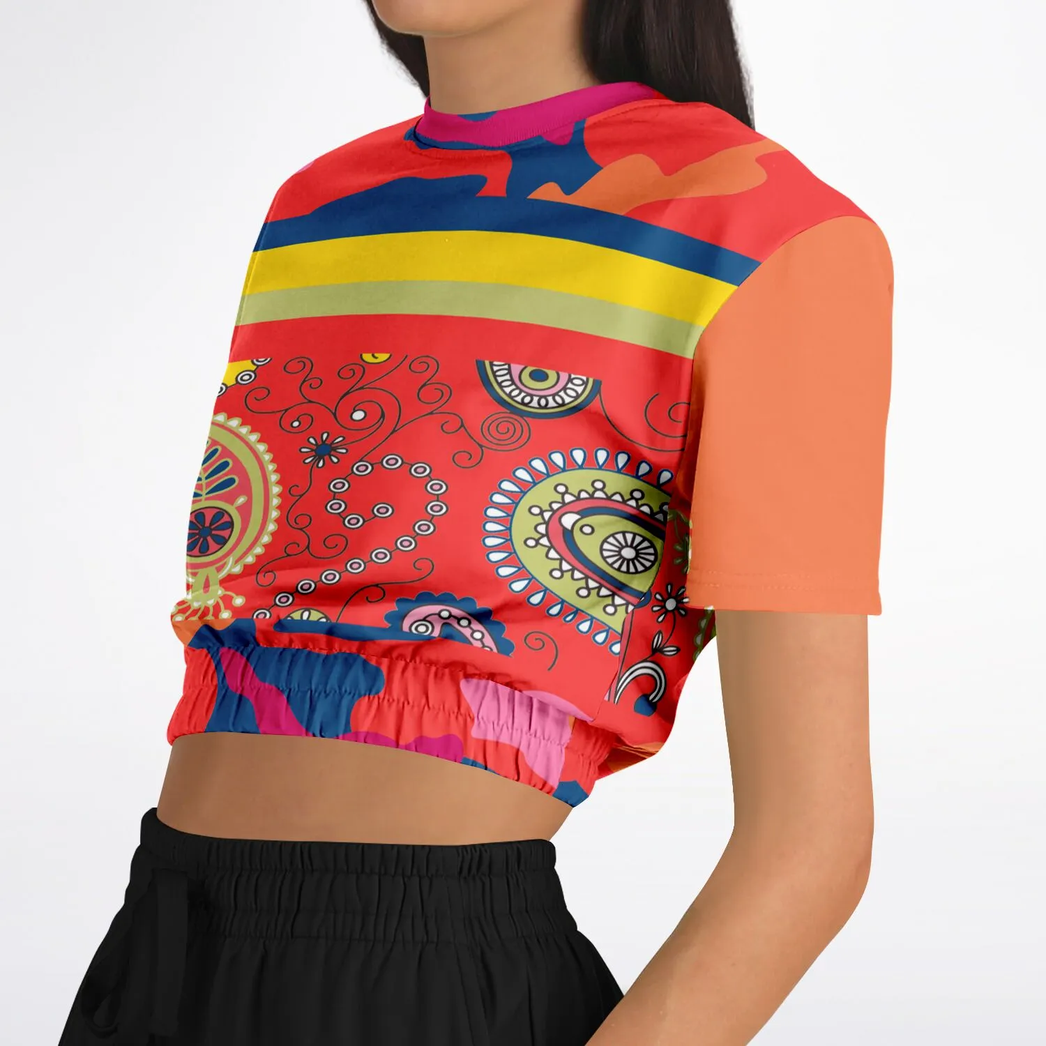 Chili Pepper Paisley Short Sleeve Cropped Eco-Poly Sweater