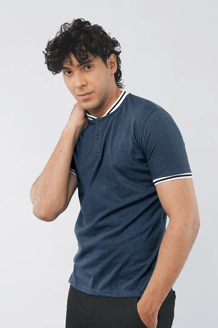 DENIM BLUE PIQUE HENLEY T-SHIRT