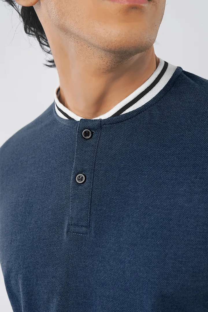 DENIM BLUE PIQUE HENLEY T-SHIRT