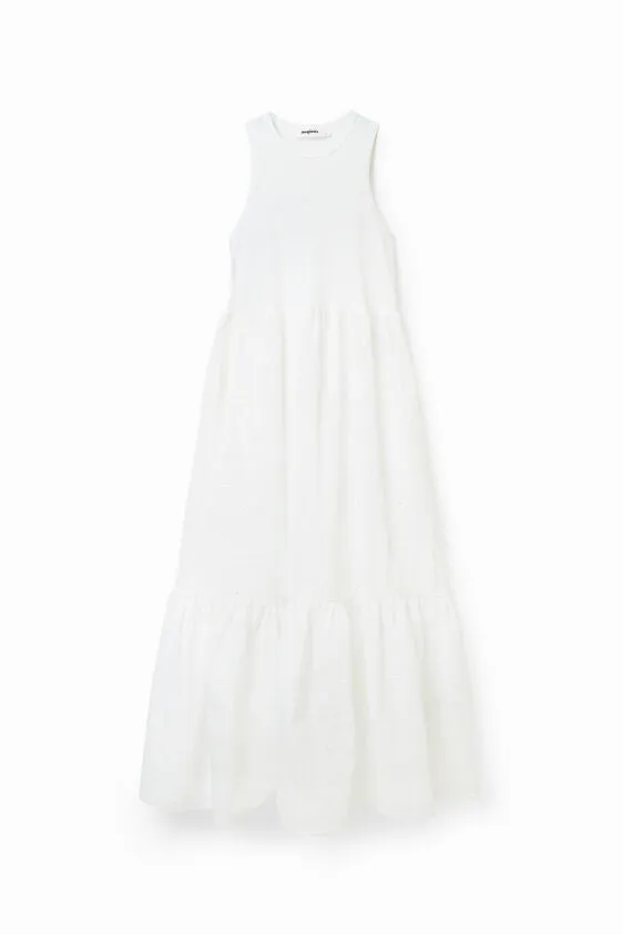 Desigual Long Embroidered Combination Dress | White