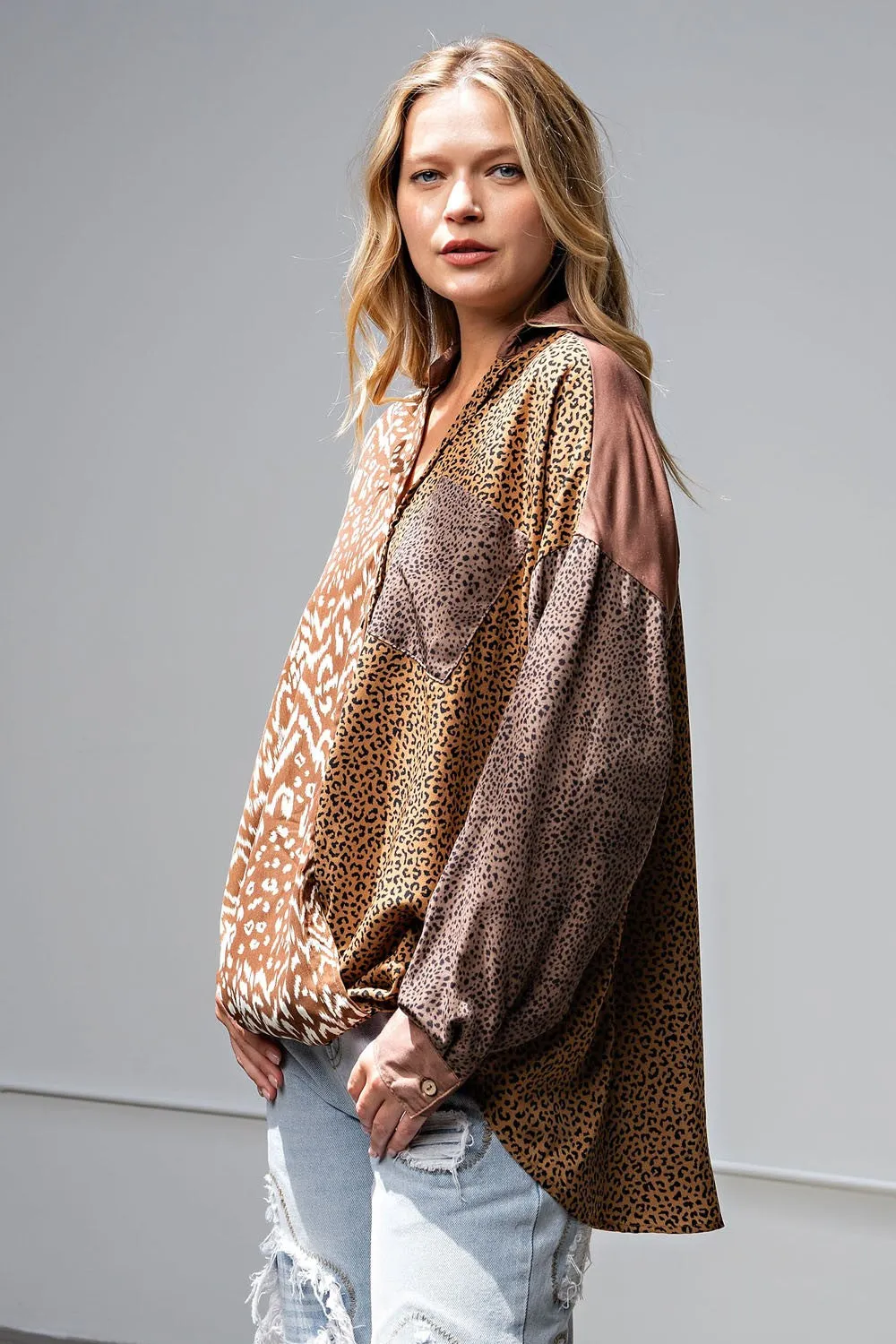 Easel Oversized Animal Print Button Down Satin Shirt