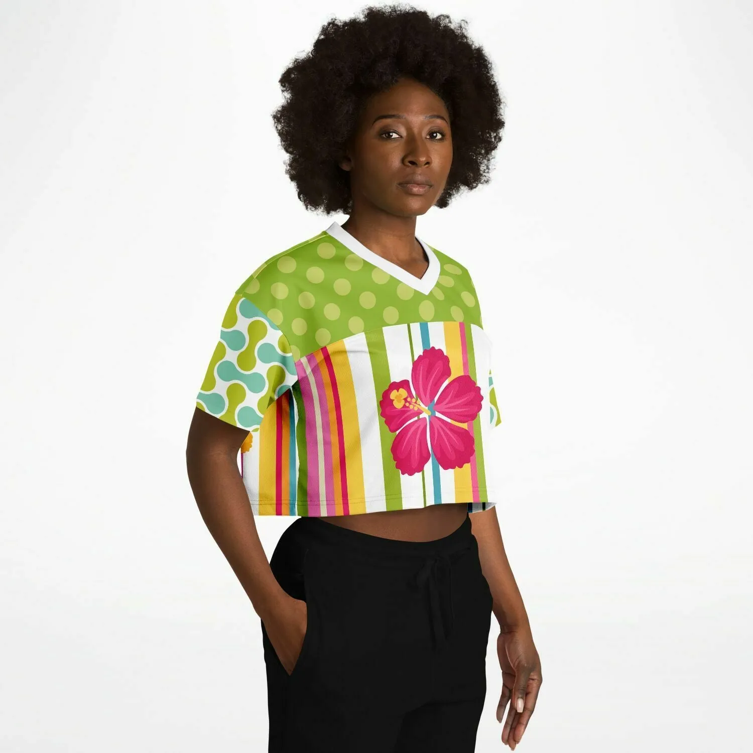 Green Anjou Pear Striped Floral Crop Jersey