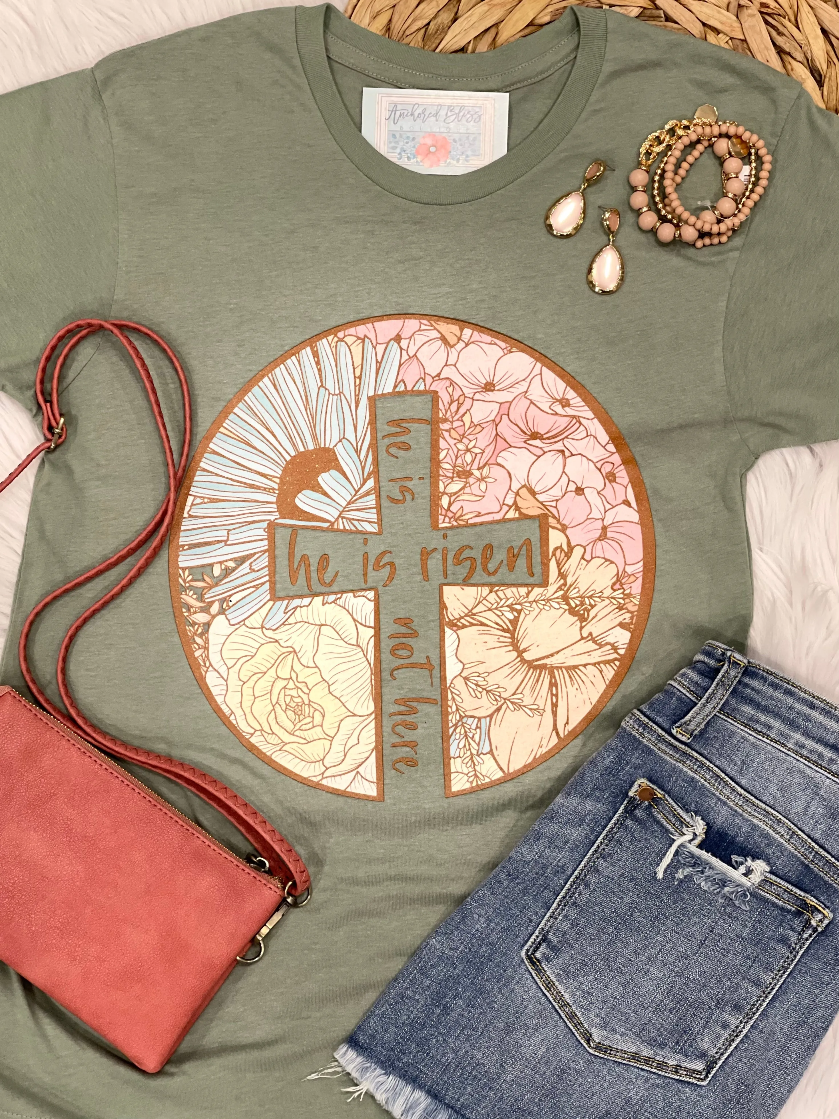 He is Risen Floral Cross Graphic Tee