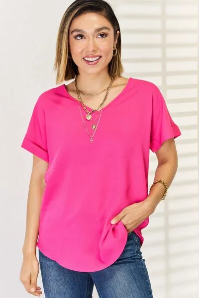 Hot Pink V-Neck Rolled Short Sleeve T-Shirt (Online Exclusive)