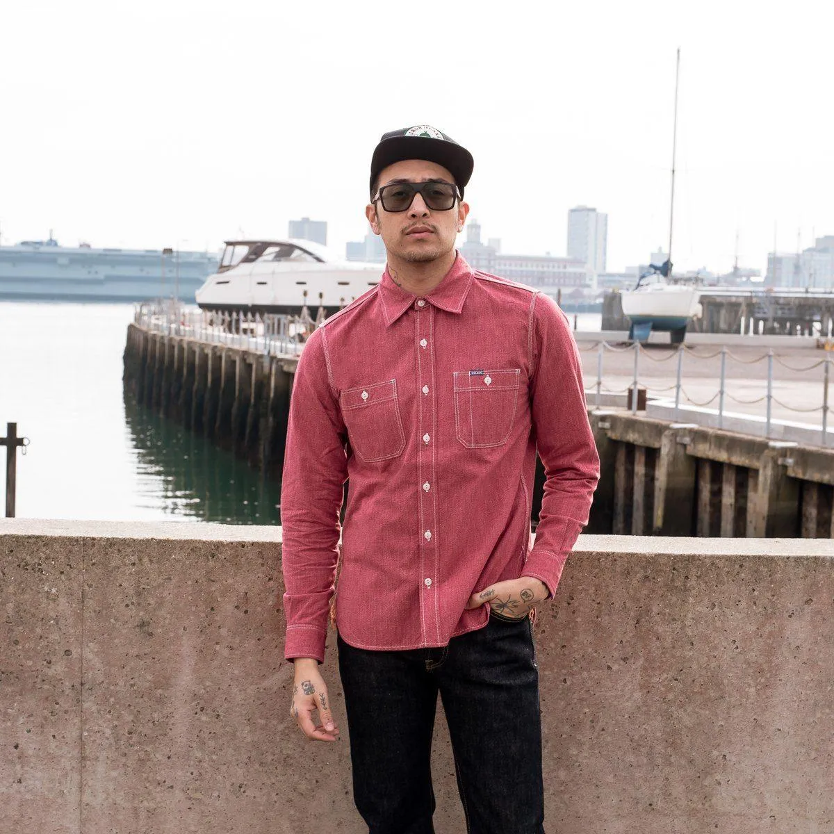 Iron Heart - 10oz Mock Twist Selvedge Chambray Work Shirt - Red