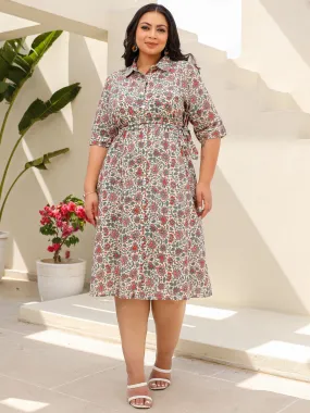 Juniper Ivory Floral Printed A-Line Cotton Cambric Plus Size Dress With Beads & Sequins