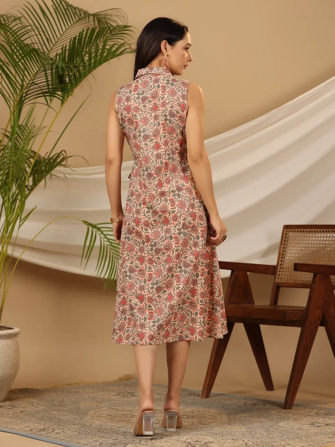 Juniper Peach Floral Printed Pure Cotton A-line Dress