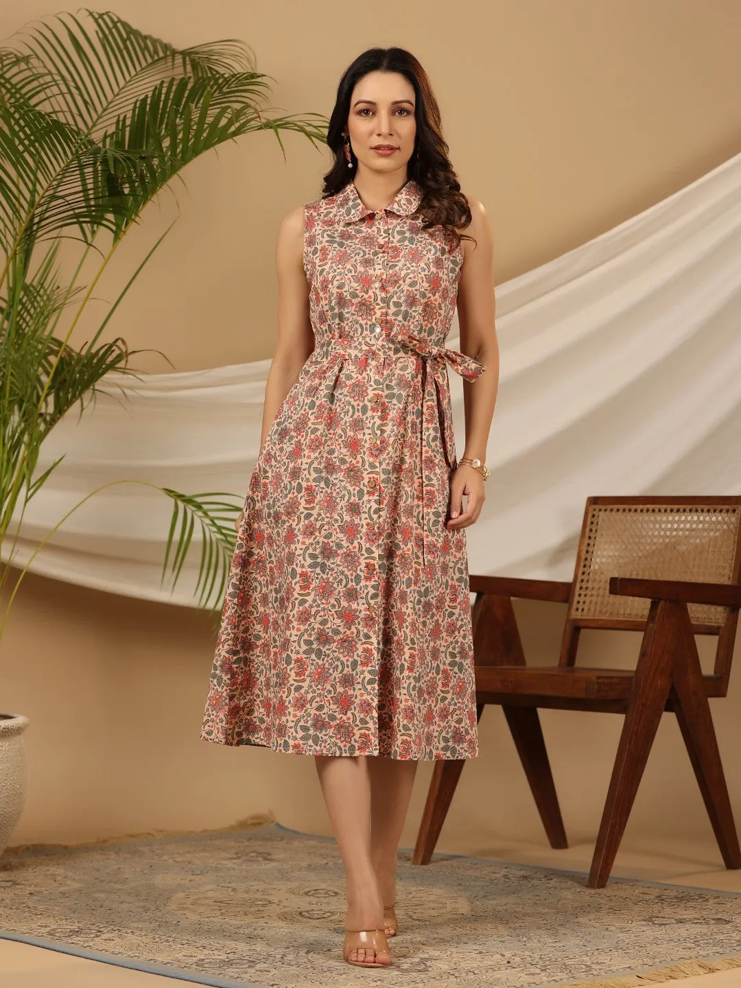 Juniper Peach Floral Printed Pure Cotton A-line Dress