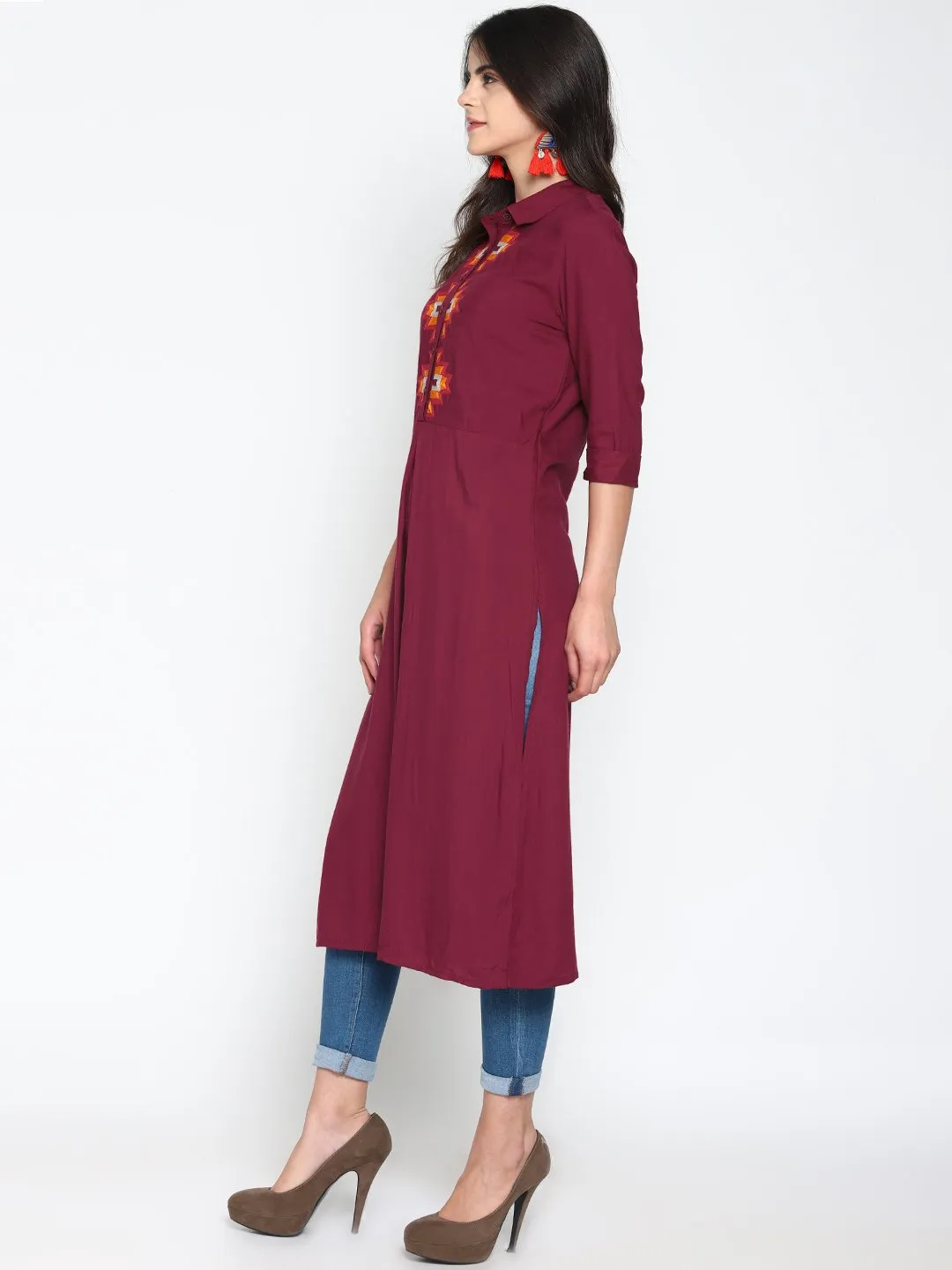 Maroon Embroidered Shirt Kurta