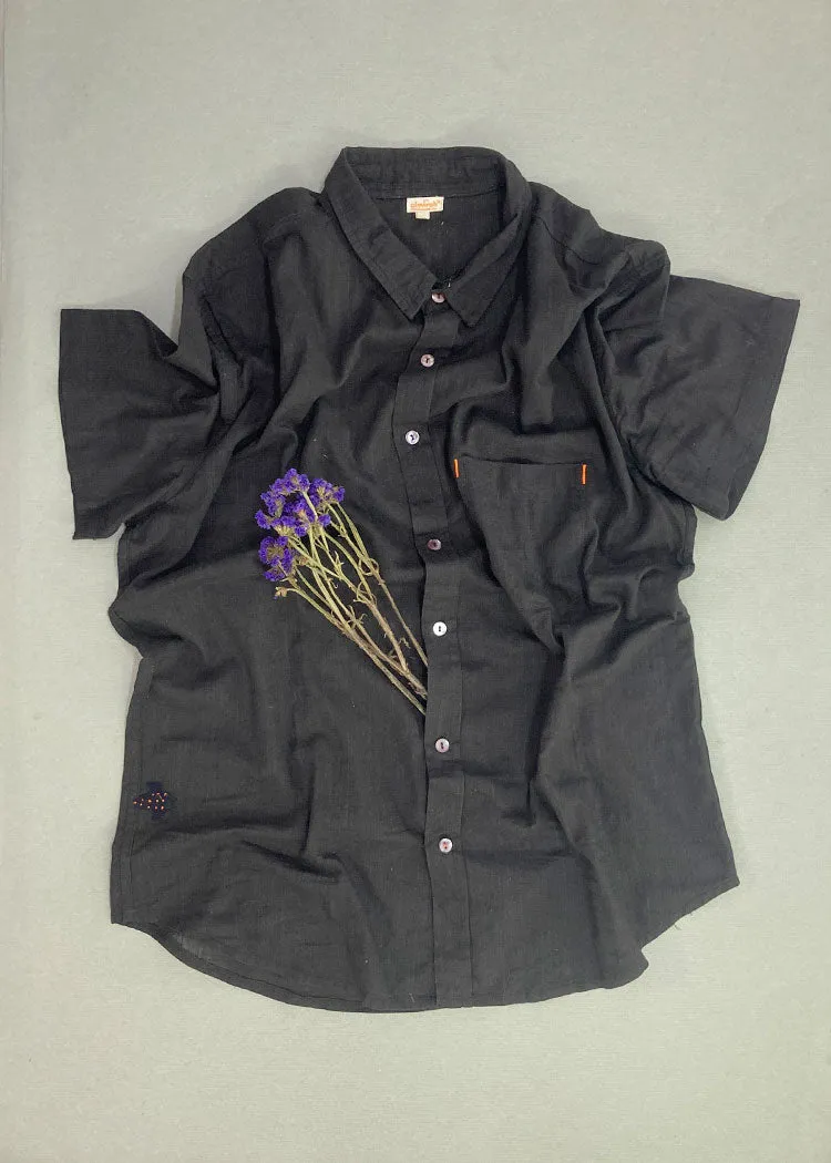 Mens Black Cotton Shirt - Fish Emb