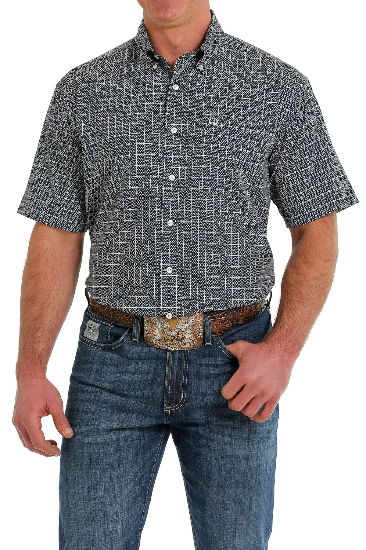 Men's Cinch Arena Flex Print Button Down Short Sleeve-Navy