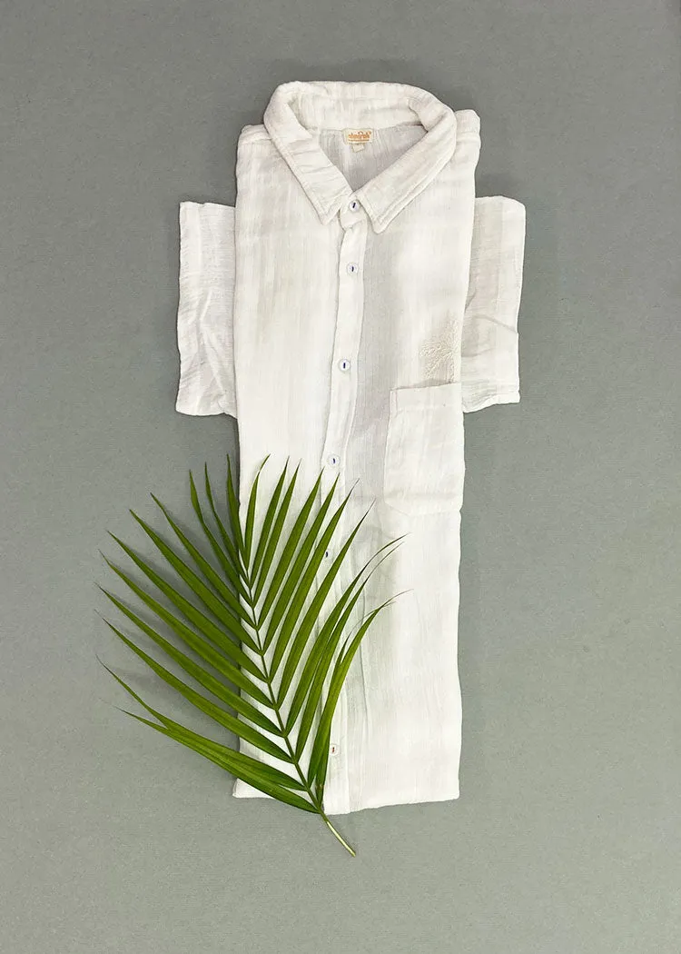 Mens White Cotton Shirt - Tree Emb