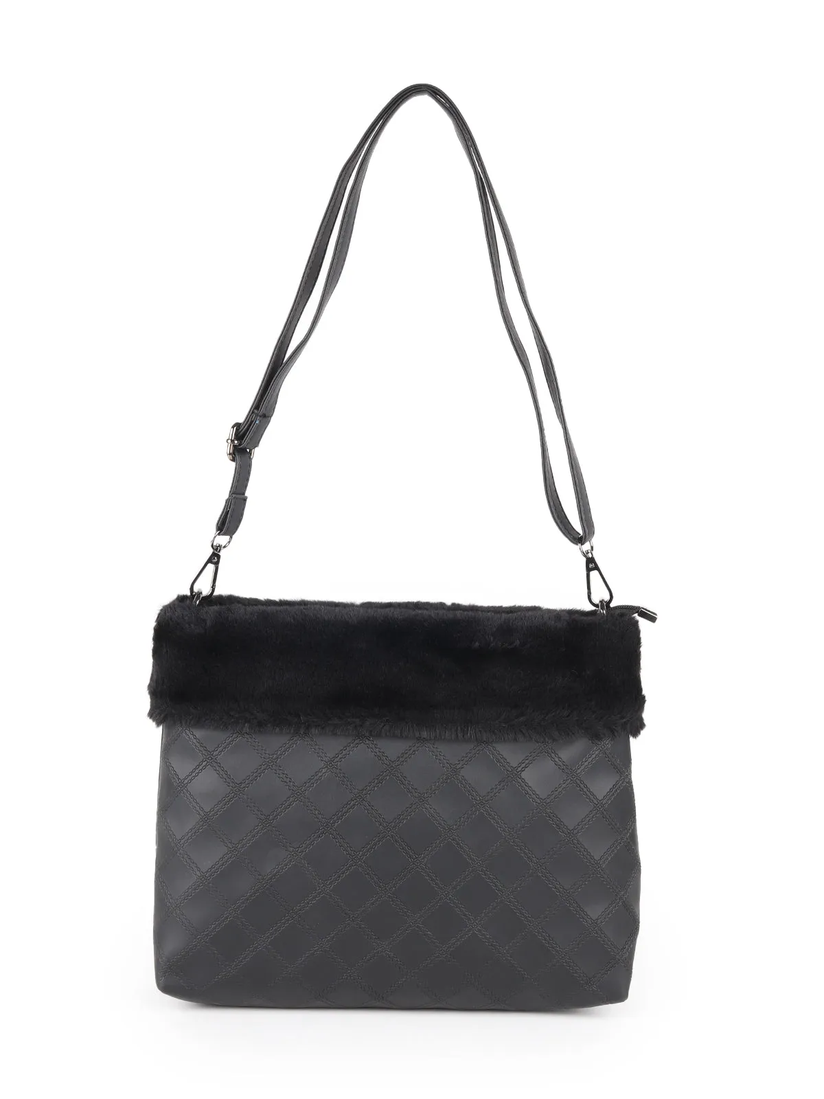 Odette Black Patterned Fur Hand Bag For Women