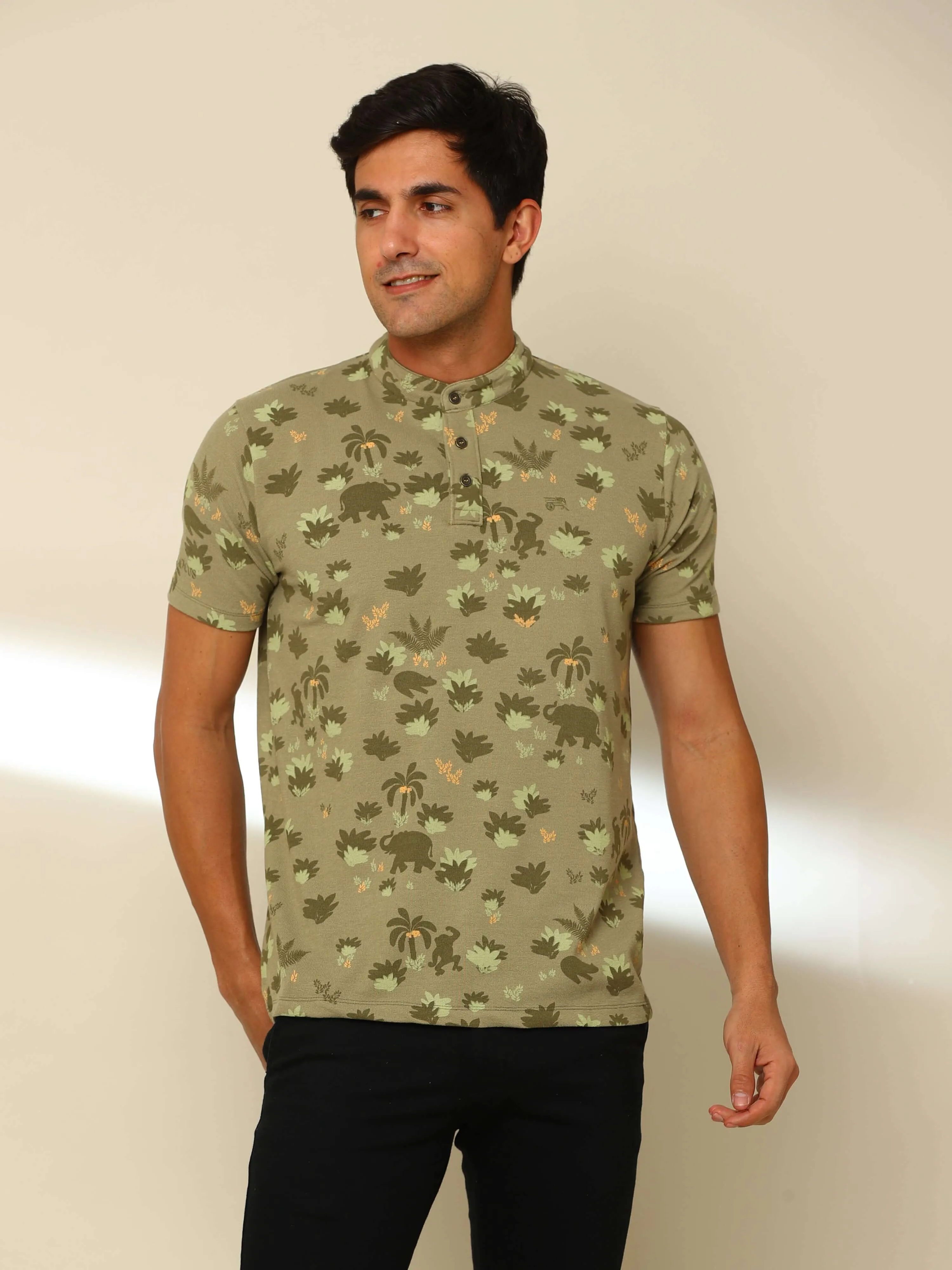 Olive Green Henley Neck T Shirt