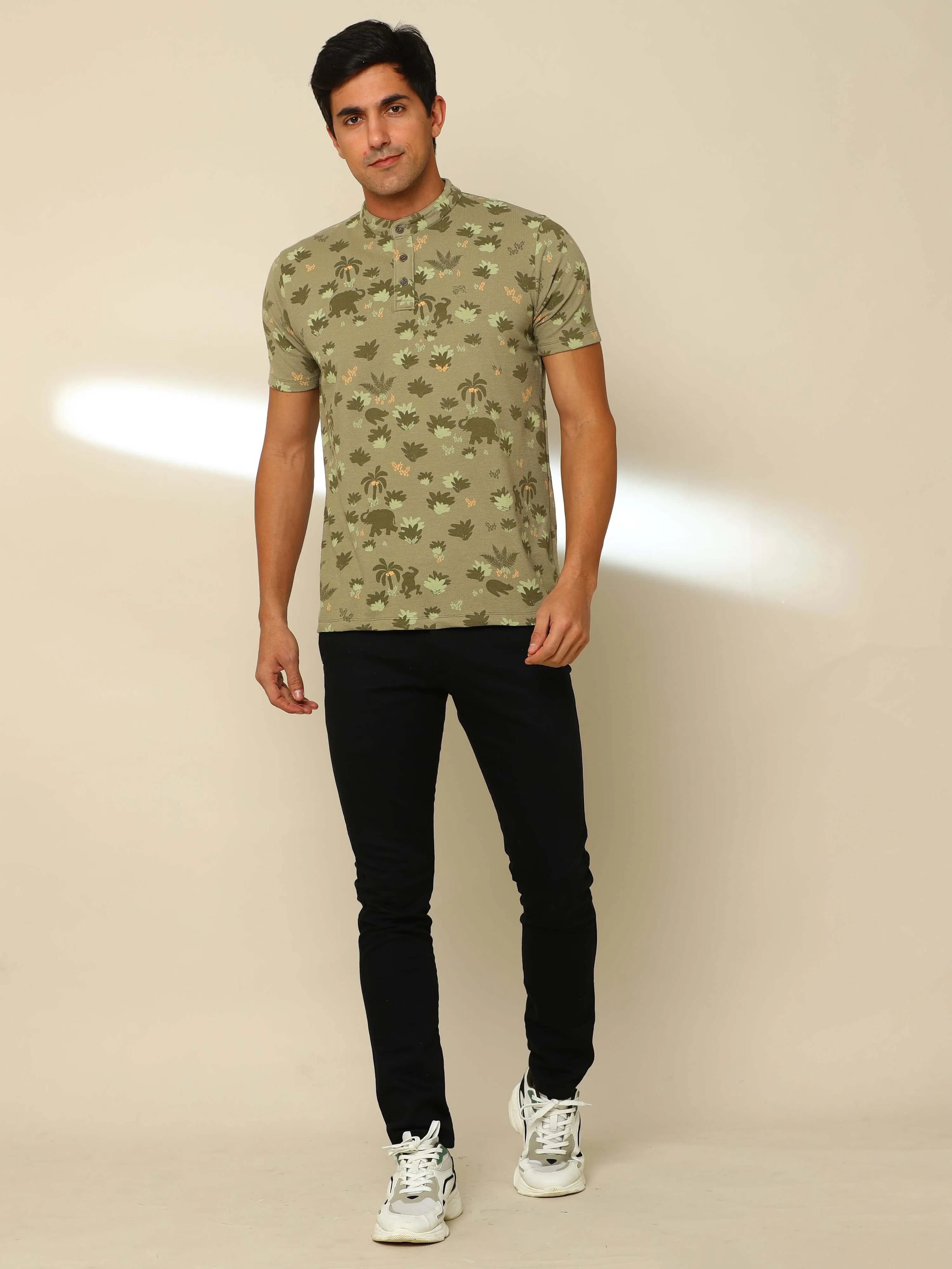 Olive Green Henley Neck T Shirt