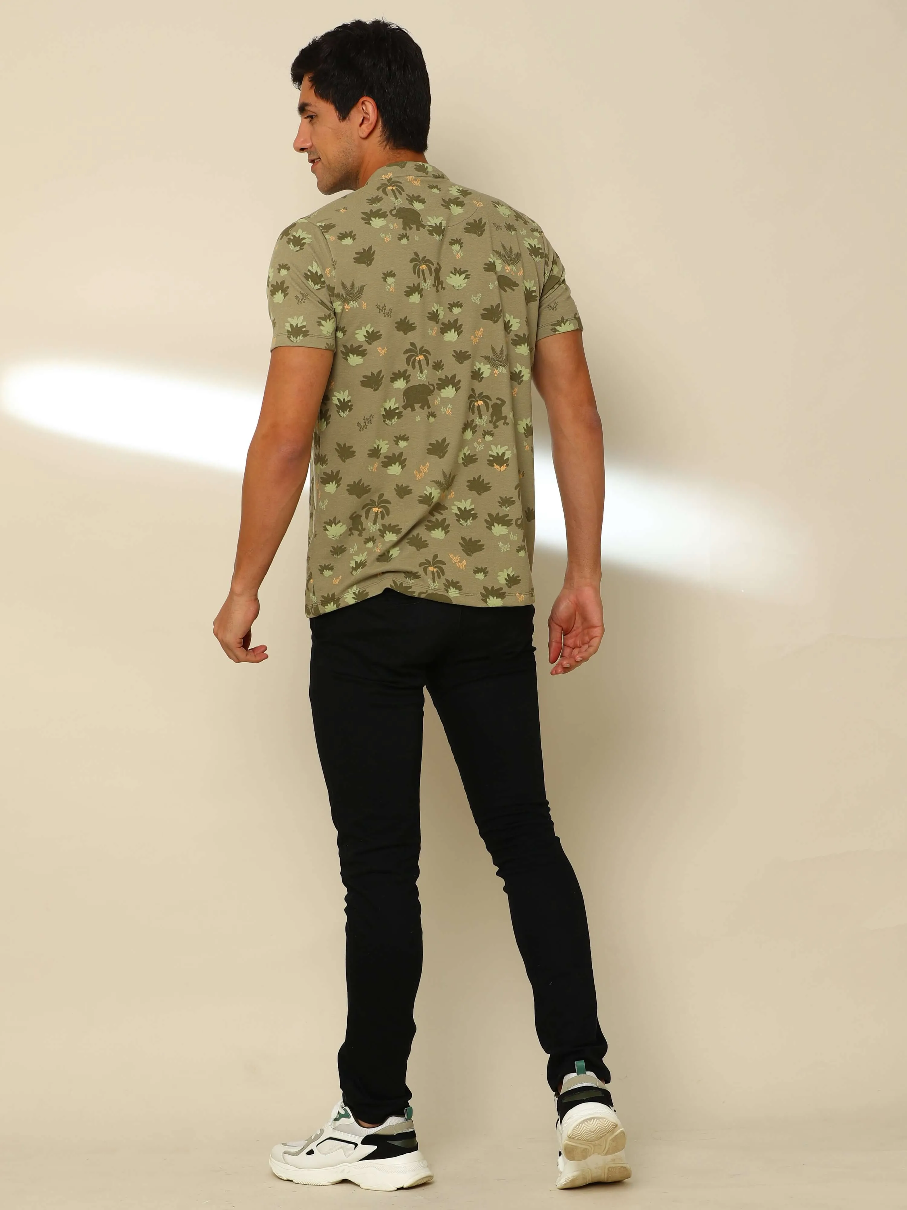 Olive Green Henley Neck T Shirt