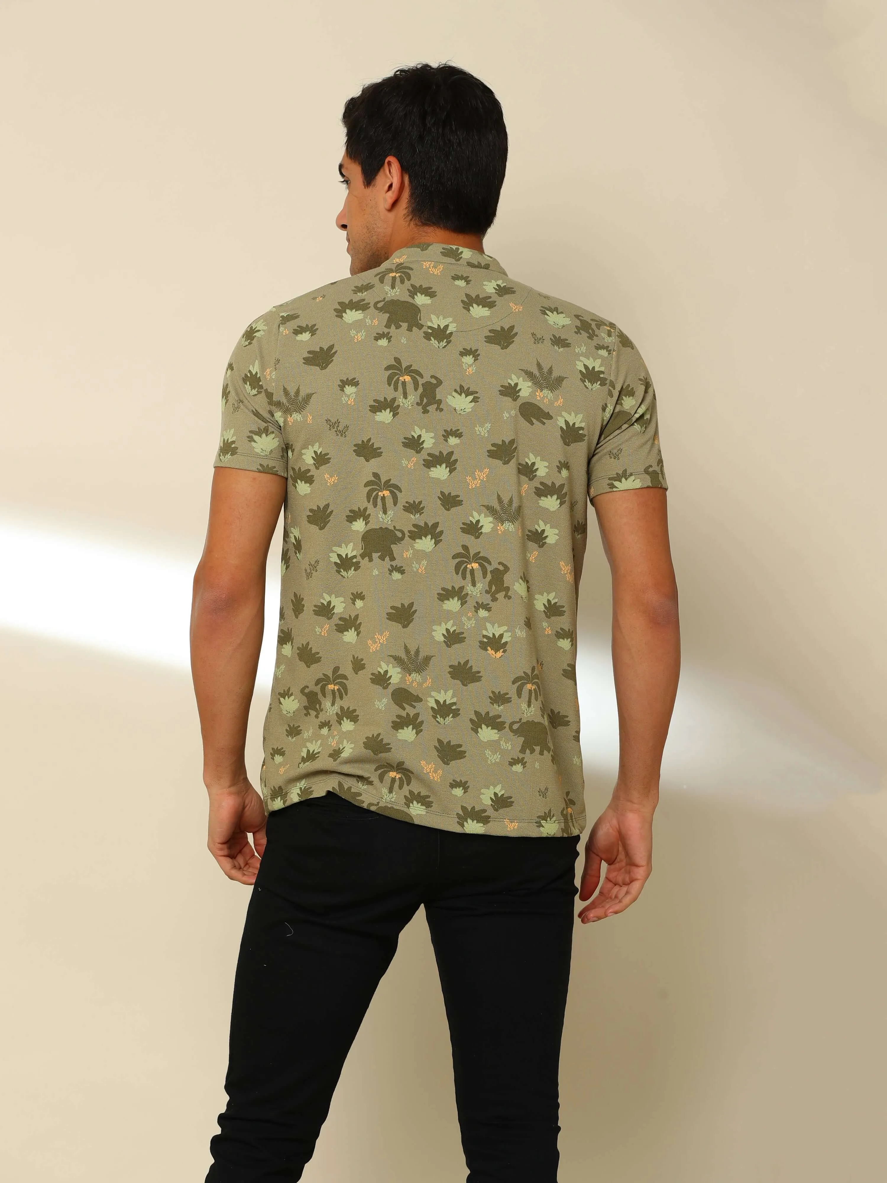 Olive Green Henley Neck T Shirt