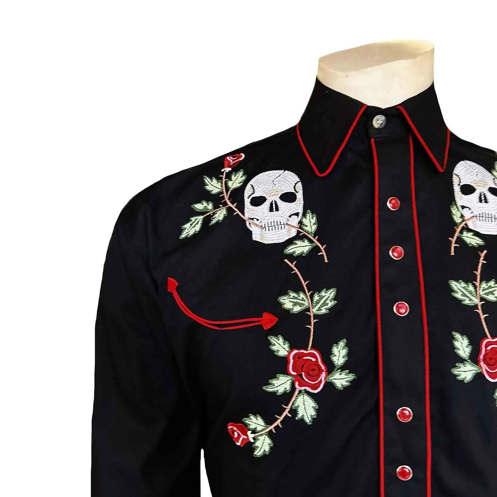 Rockmount Ranchwear Skulls And Roses Embroidered Cotton Gabardine Black Western Shirt