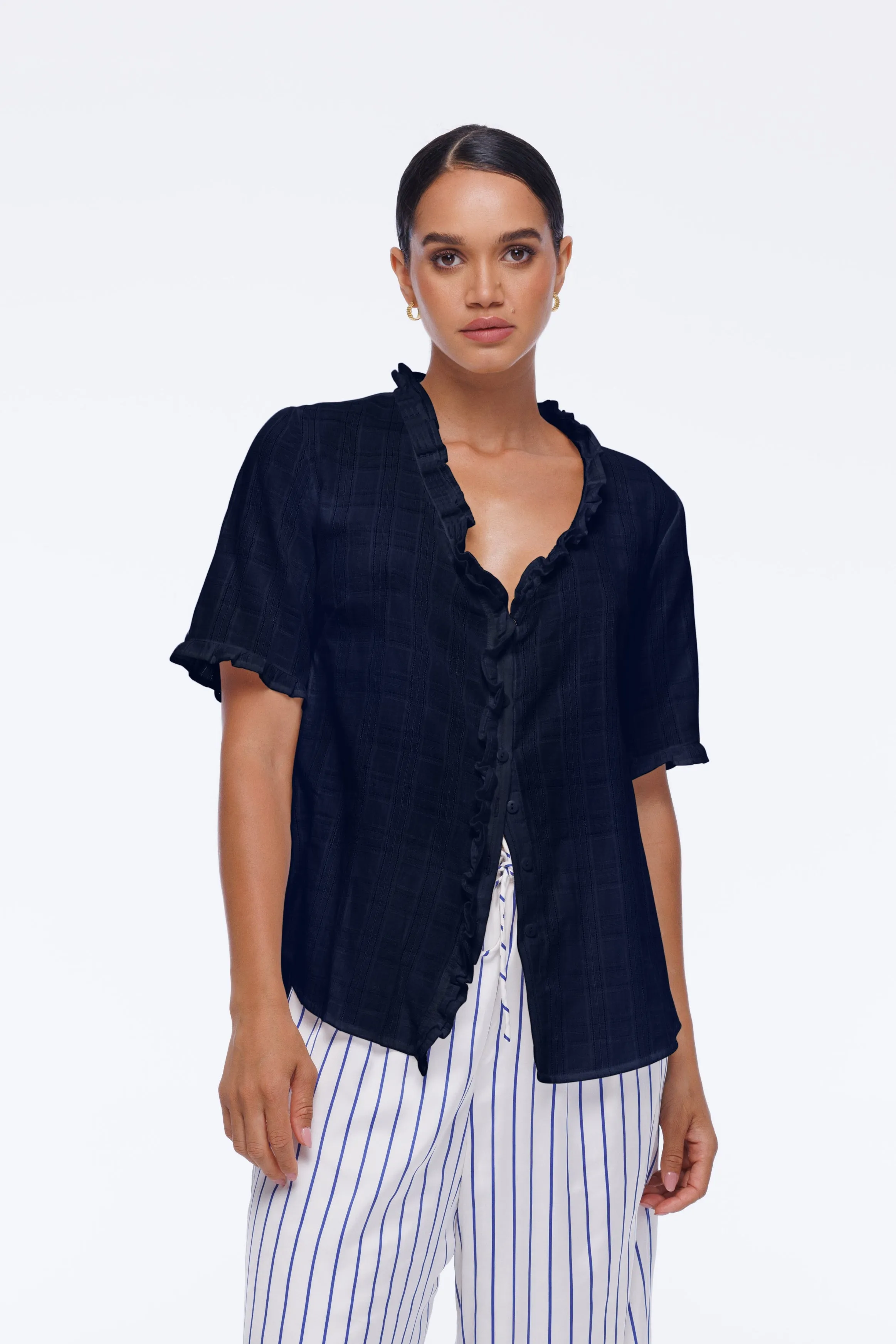 Ruffle Me Short Sleeve Shirt - Indigo