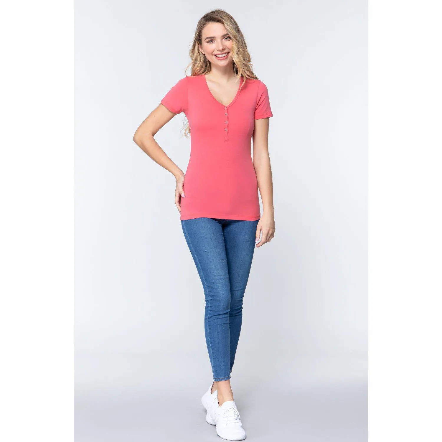 Short Slv V-neck Henley Knit Top