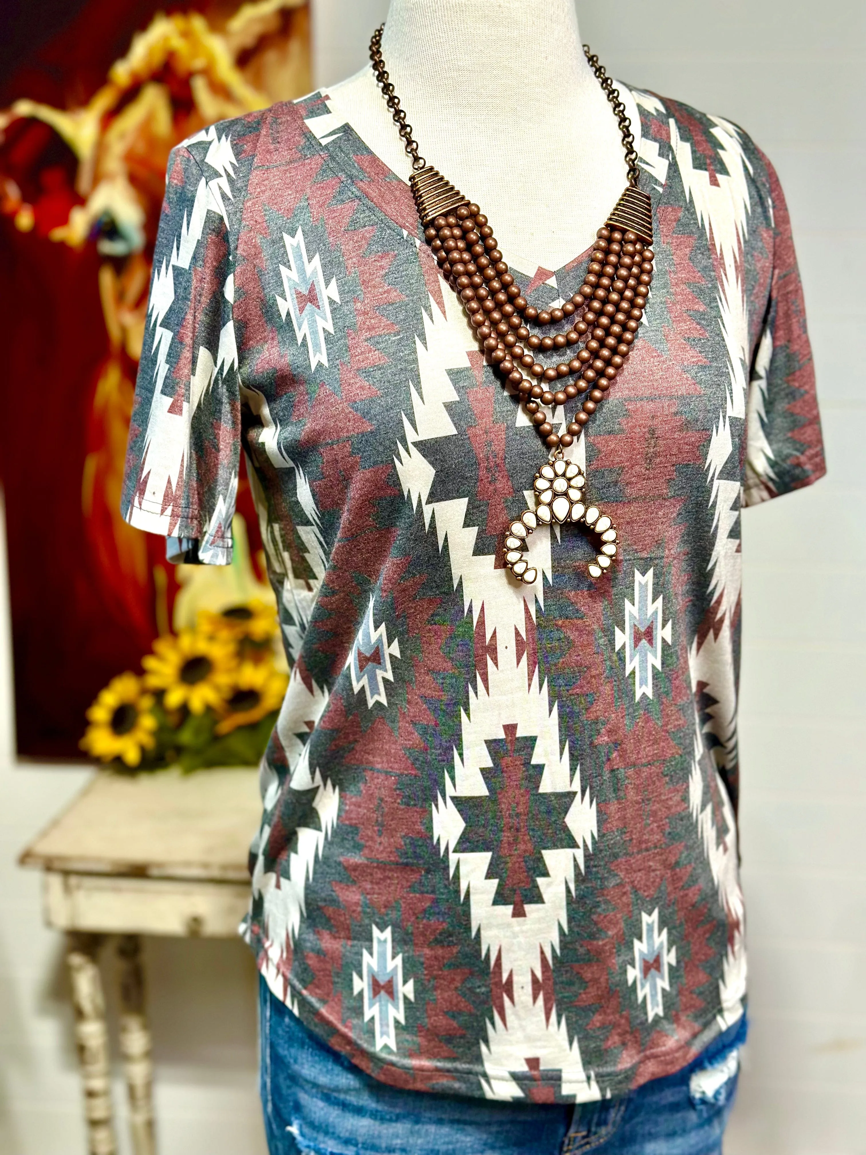 The Fall Painted Hills Aztec V Neck Top