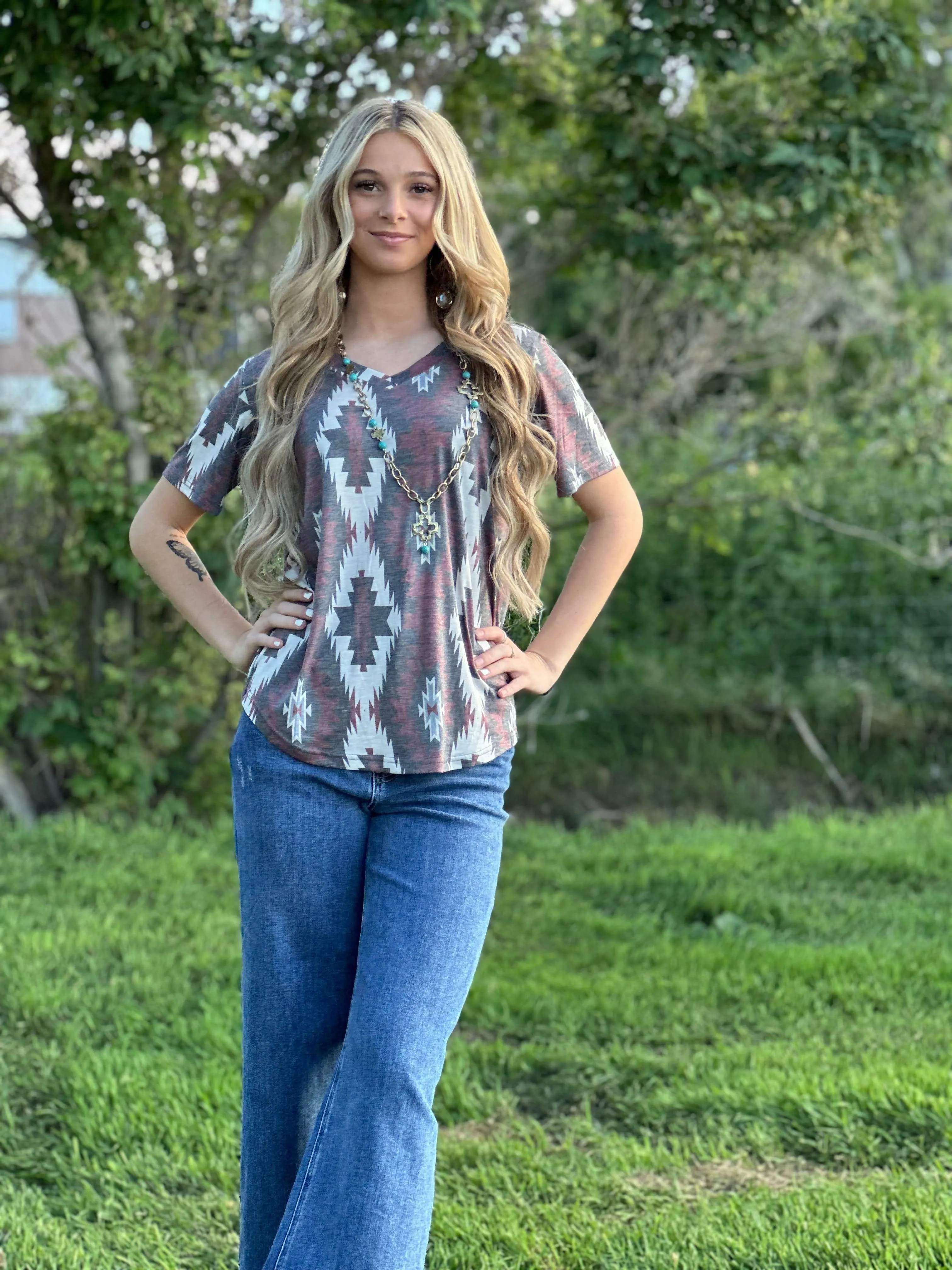 The Fall Painted Hills Aztec V Neck Top