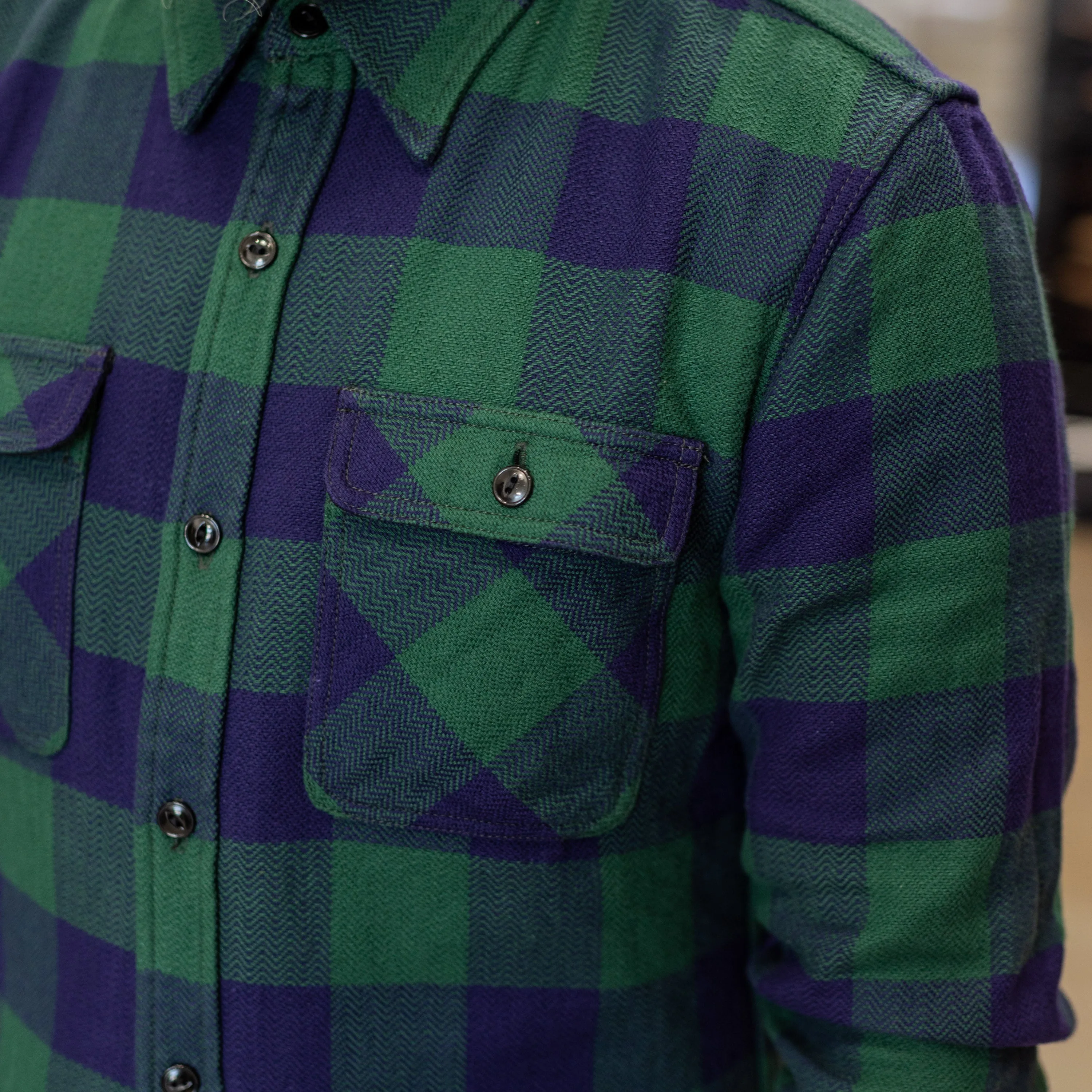 The Flat Head FN-SNR-101L Block Check Flannel Shirt Navy/Green