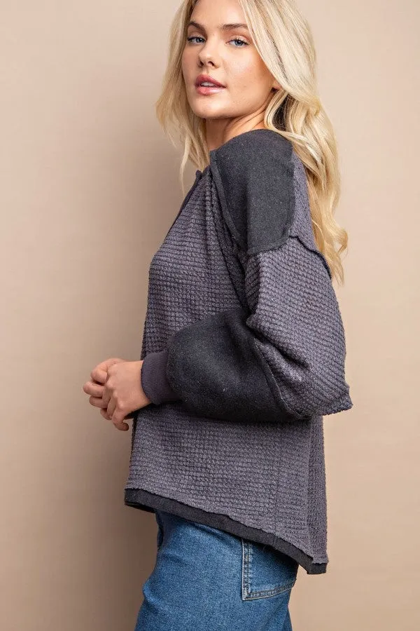 Waffle Knit And Fleece Contrast Henley Top With Button Front