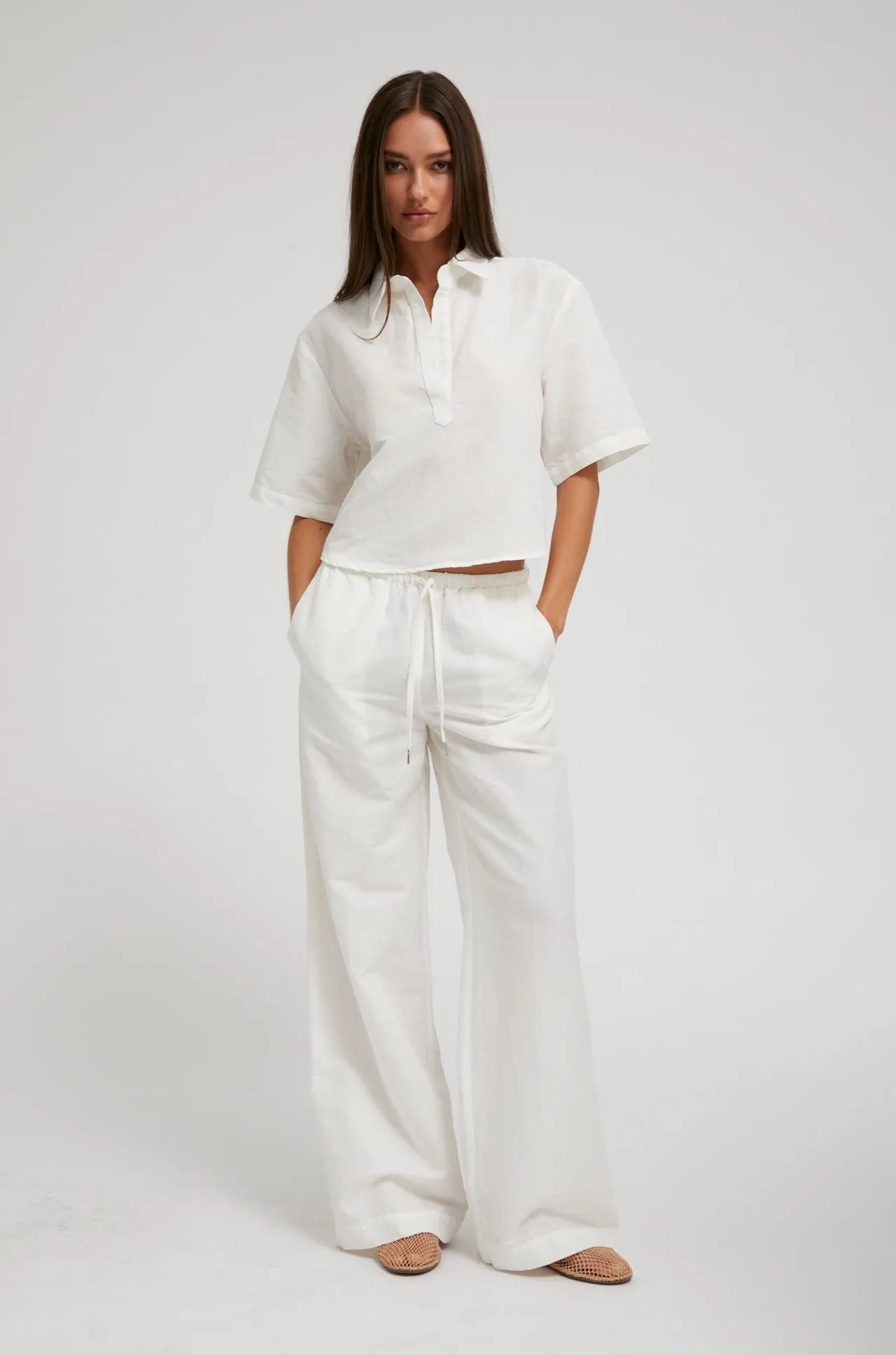 White Linen Cropped Oversized Henley Shirt