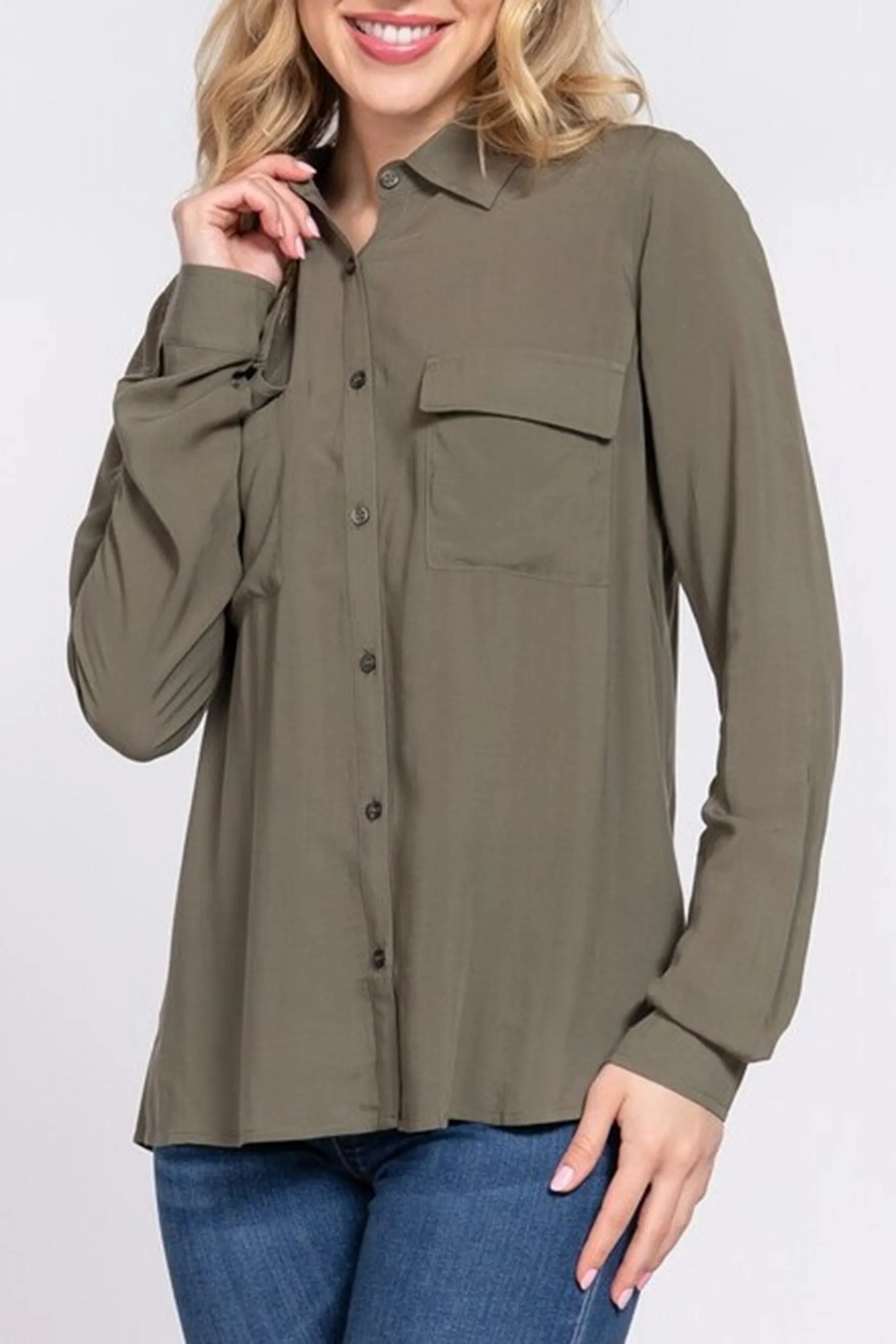 Women's Casual Button Down Long Sleeve Front Pockets Shirt