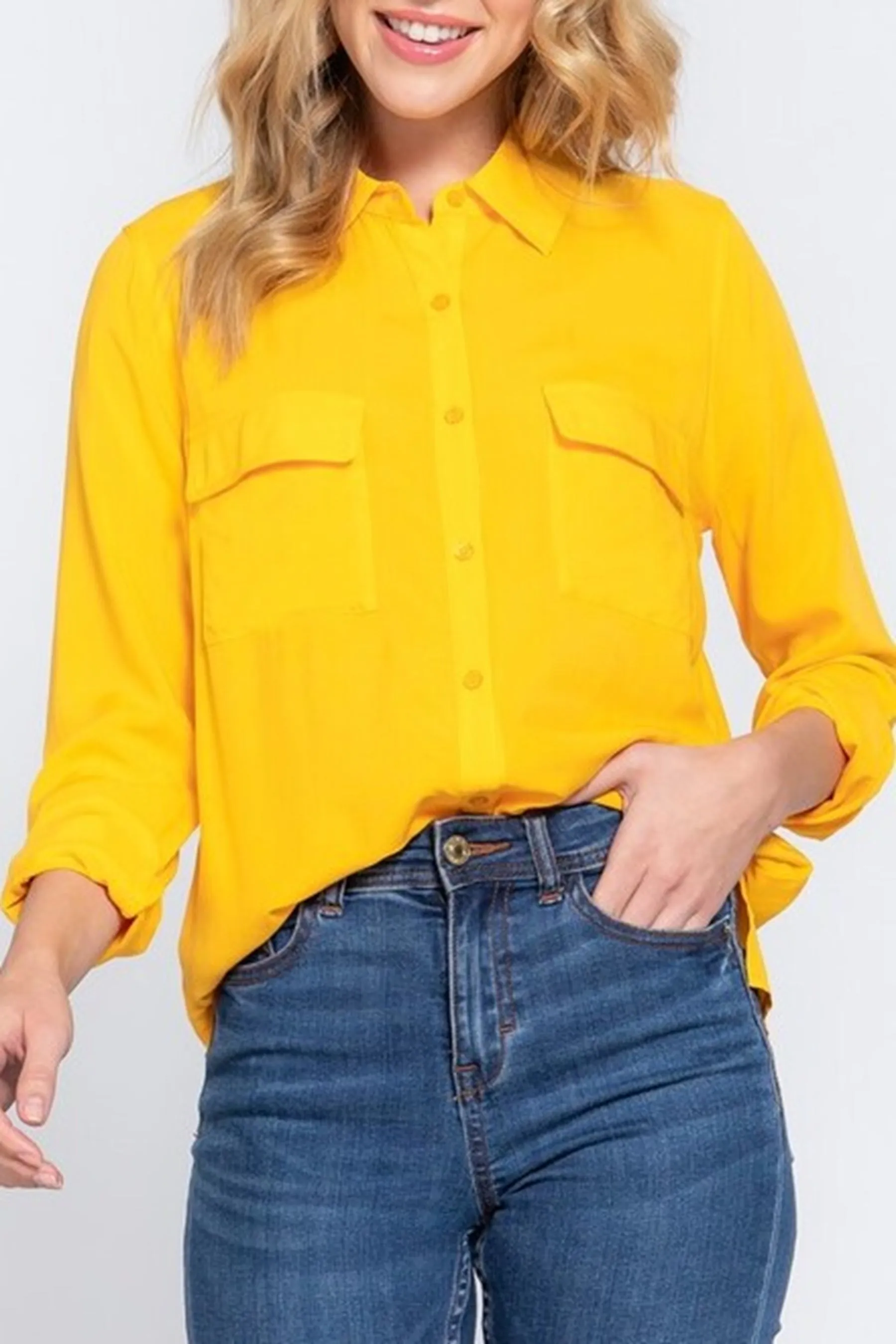 Women's Casual Button Down Long Sleeve Front Pockets Shirt