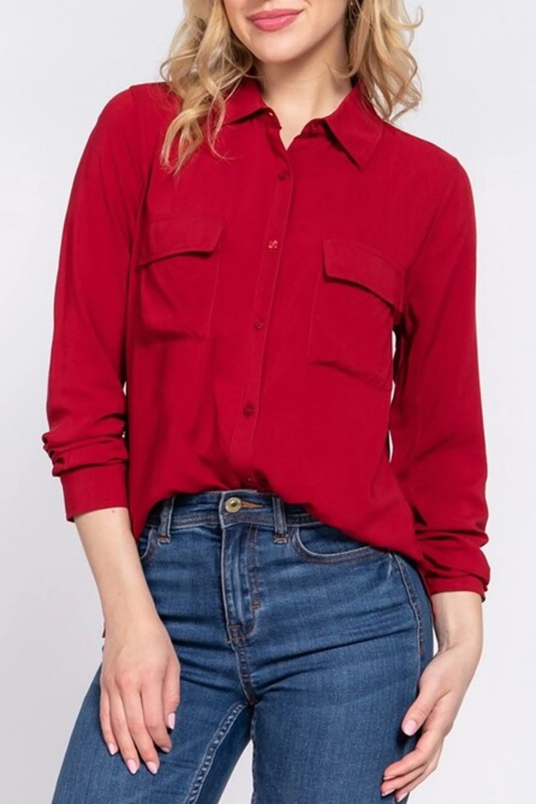 Women's Casual Button Down Long Sleeve Front Pockets Shirt